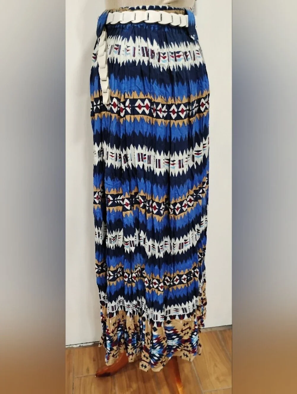 BLUE AND WHITE SIDE SADDLE MAXI SKIRT